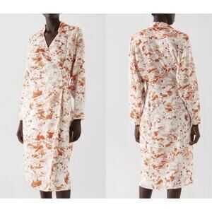 NWT COS Wrap Dress US 4 White Orange Watercolor Print Tencel Midi Button Detail